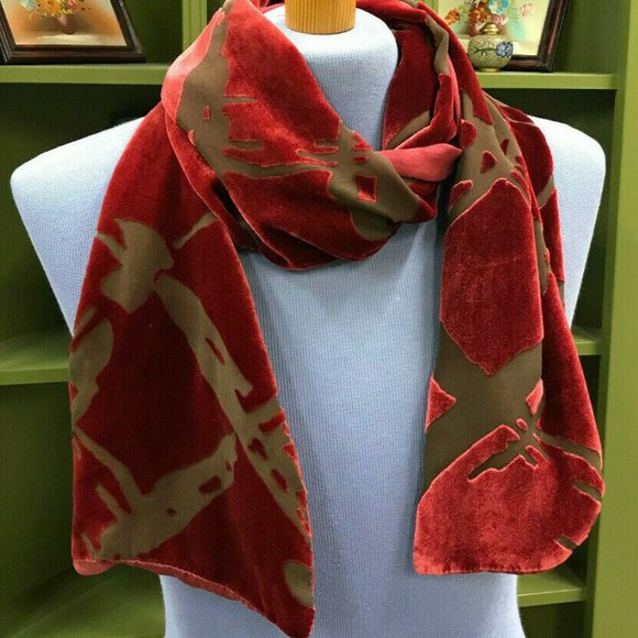 Burgundy Burnout Velvet Scarf with Silk Backing 10x59" Oblong Wrap Shawl - Picture 2 of 9